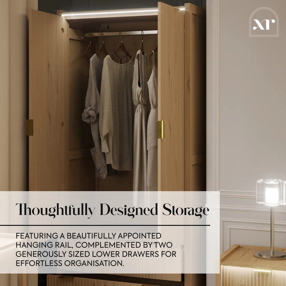 Dakota Two Door Wardrobe with Two Drawers and App Controlled LED Lights - Wild Oak