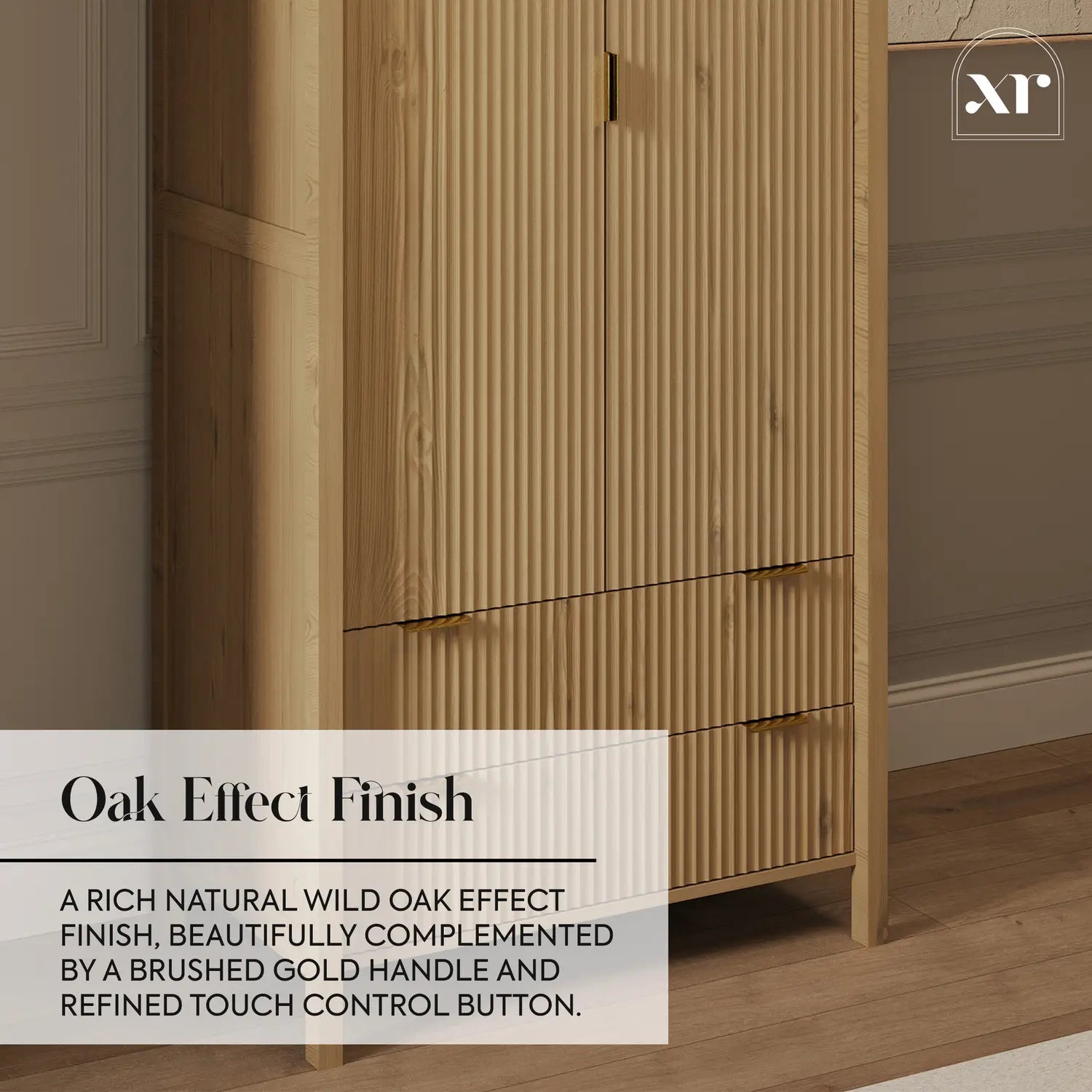 Dakota Two Door Wardrobe with Two Drawers and App Controlled LED Lights - Wild Oak