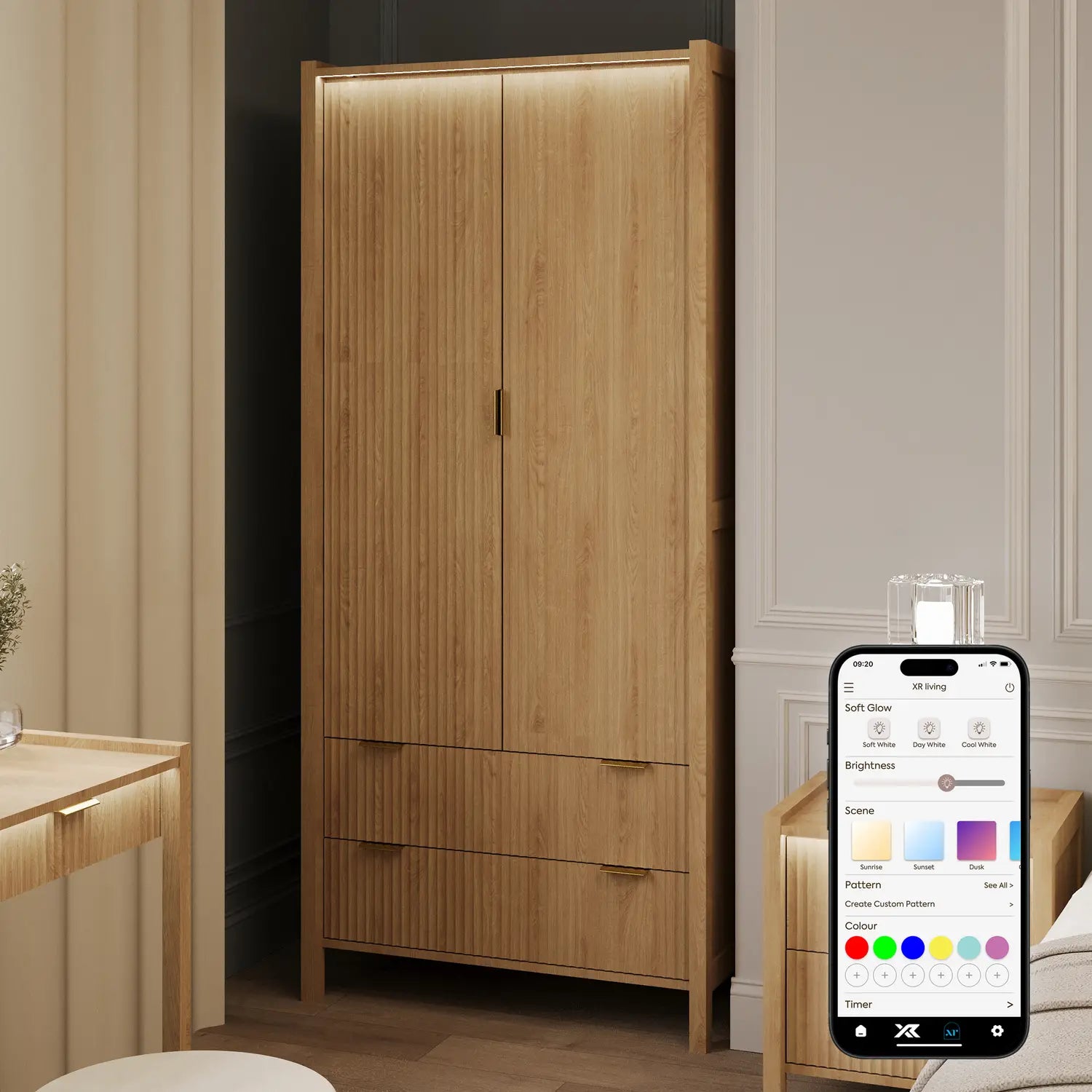 Dakota Two Door Wardrobe with Two Drawers and App Controlled LED Lights - Wild Oak