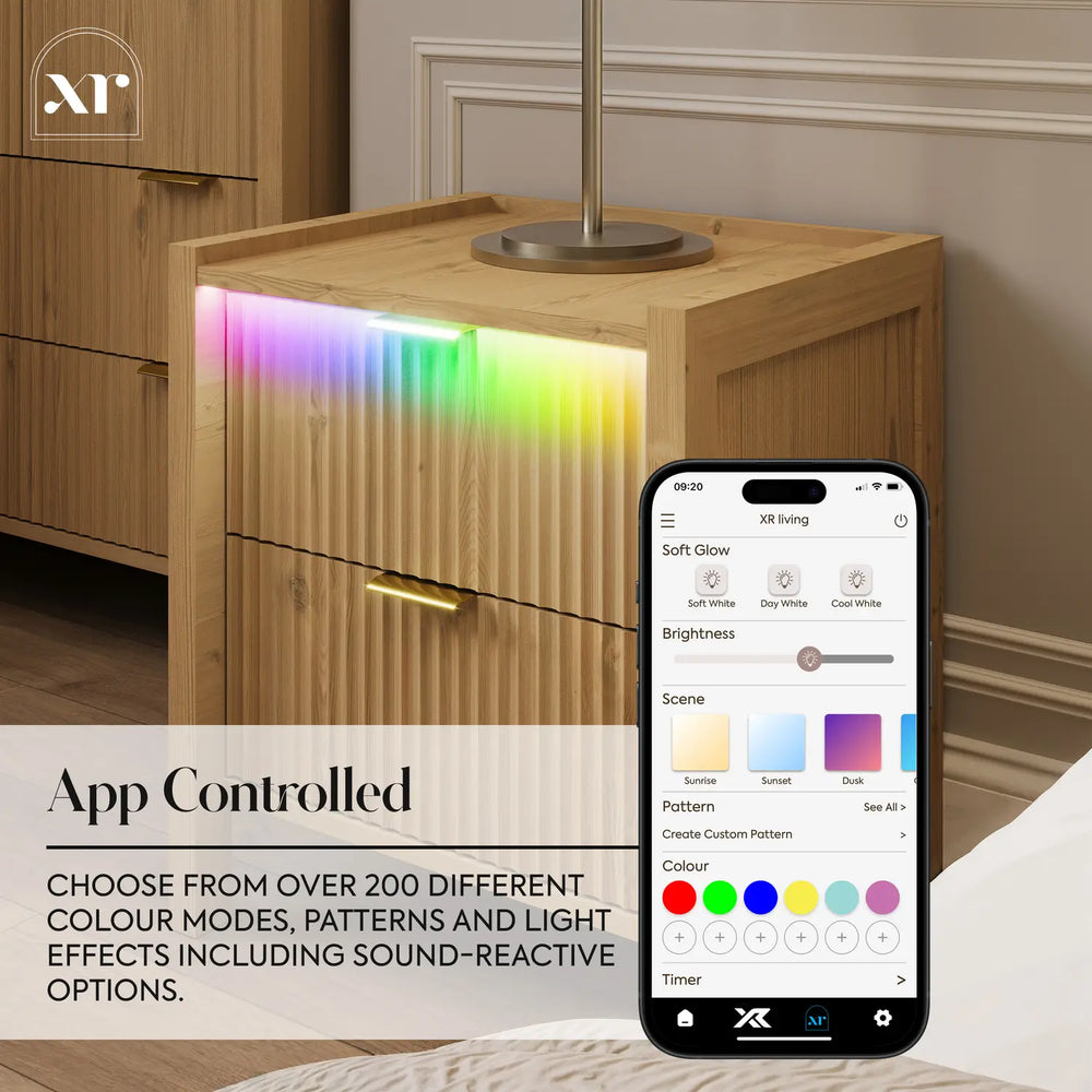 Dakota Bedside Table with Two Drawers and App Controlled LED Lights - Wild Oak