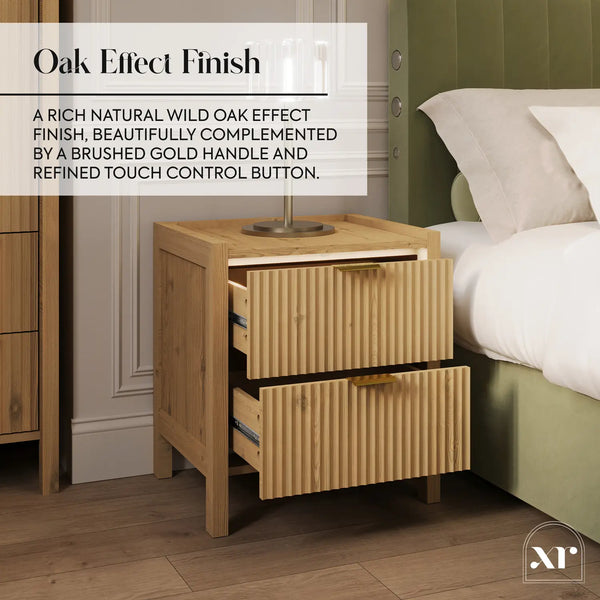 Dakota Bedside Table with Two Drawers and App Controlled LED Lights - Wild Oak