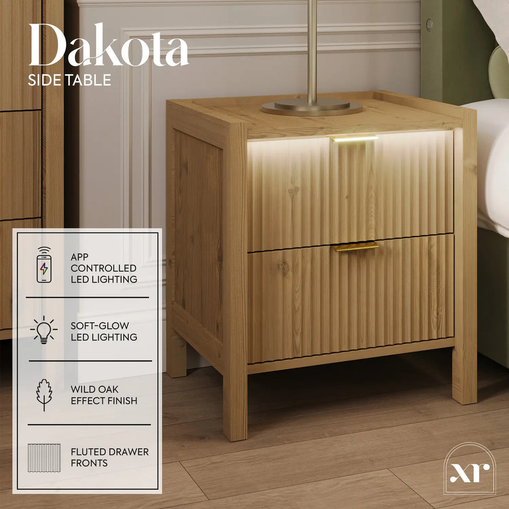 Dakota Bedside Table with Two Drawers and App Controlled LED Lights - Wild Oak