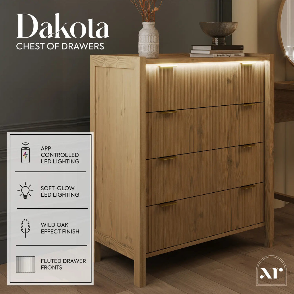 Wooden chest of drawers with app-controlled LED lighting features on a dark background