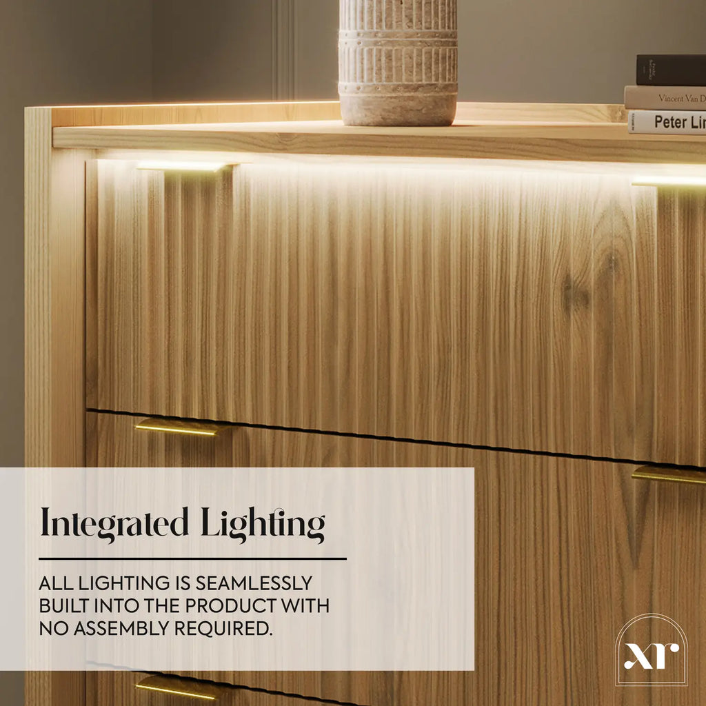 Wooden cabinet with integrated lighting and a text overlay about product features.