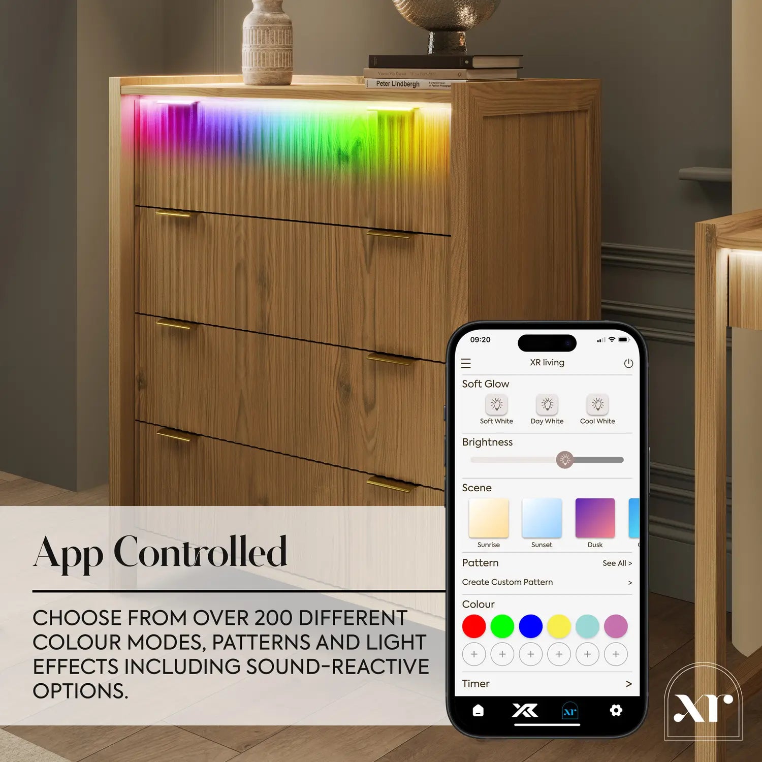 Wooden cabinet with RGB lighting effects and smartphone app control interface.