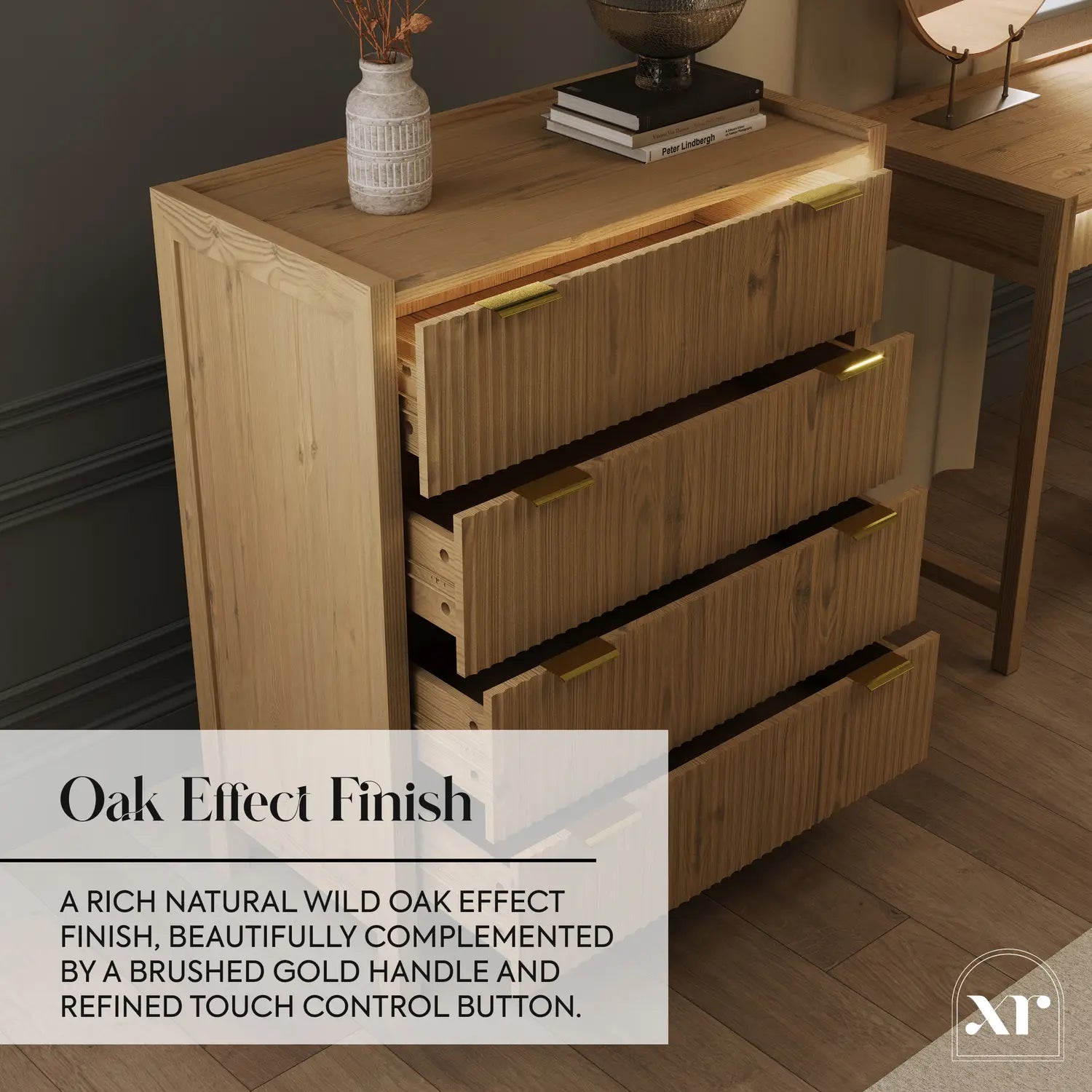 Wooden dresser with gold handles and control button in a room setting, featuring 'Oak Effect Finish' text.