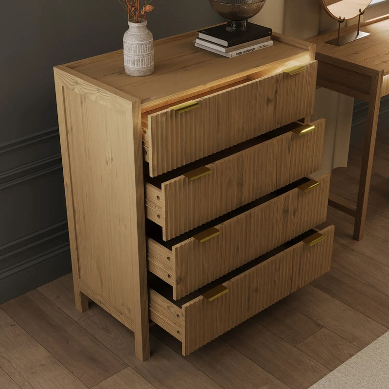 Wooden Dakota dresser with four drawers in a room setting