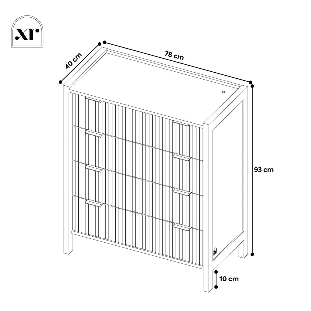 Dimensions of a dakota chest of drawers cabinet with clear measurements on a white background