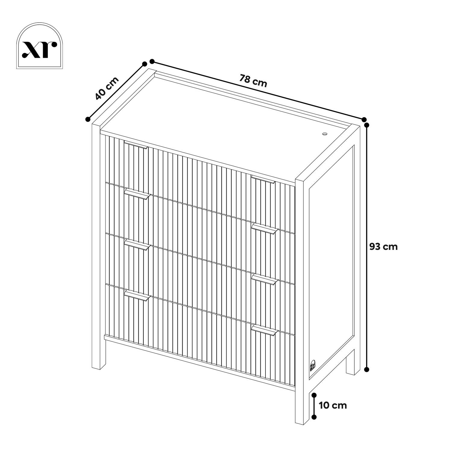 Dimensions of a dakota chest of drawers cabinet with clear measurements on a white background