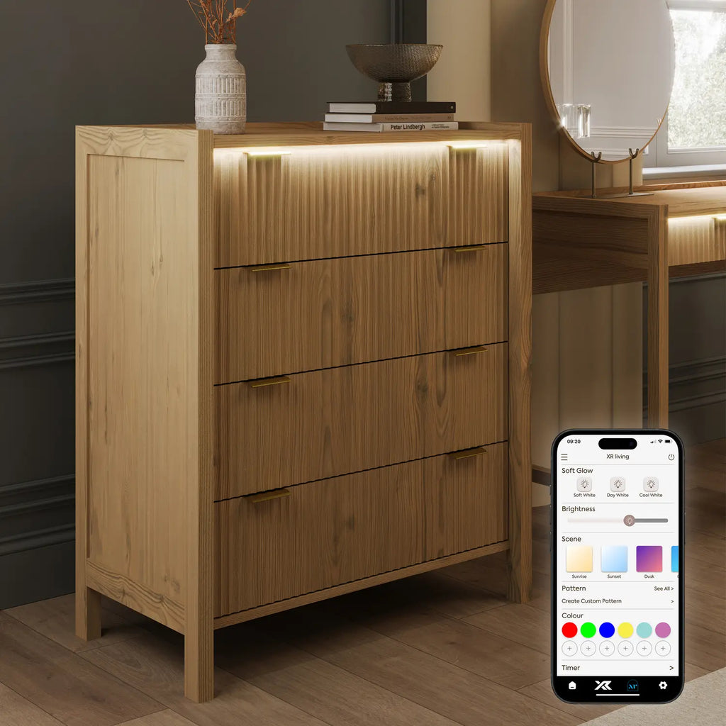 Wooden dresser with LED lighting and smartphone app control in a room setting.