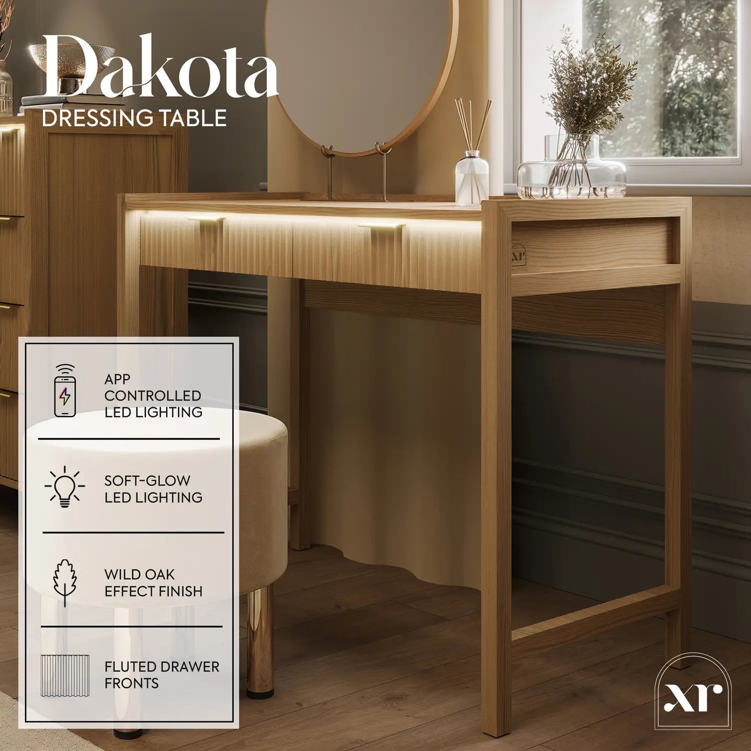 Wooden dressing table with LED lighting features and 'Dakota' branding.