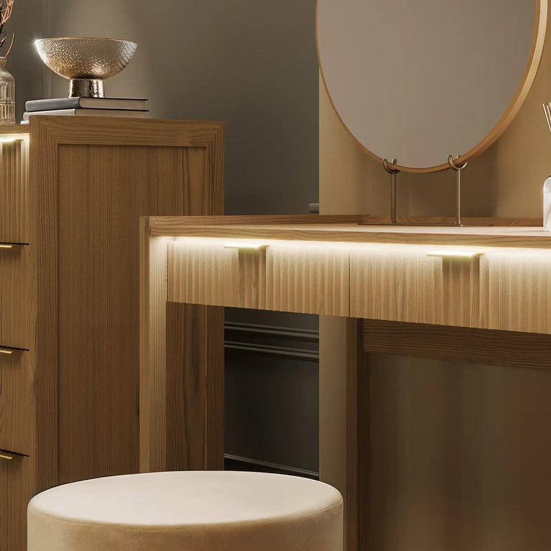 Dakota Dressing Table highlighting the fluted drawers with LED Lights
