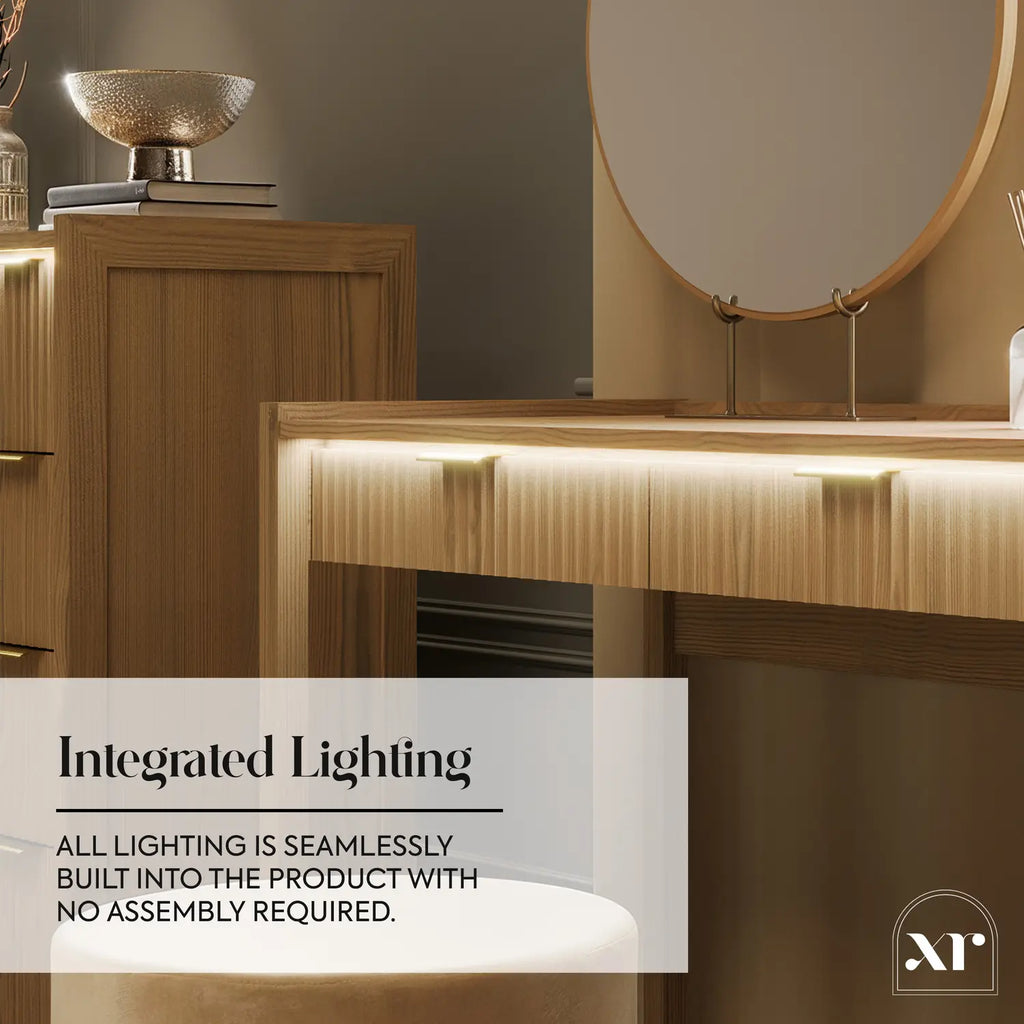 Wooden vanity with integrated lighting and a mirror, featuring the XP logo.