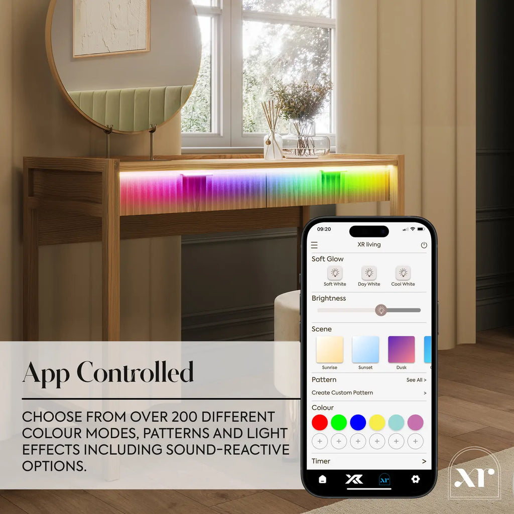 App-controlled LED strip on a console table with smartphone displaying app interface.