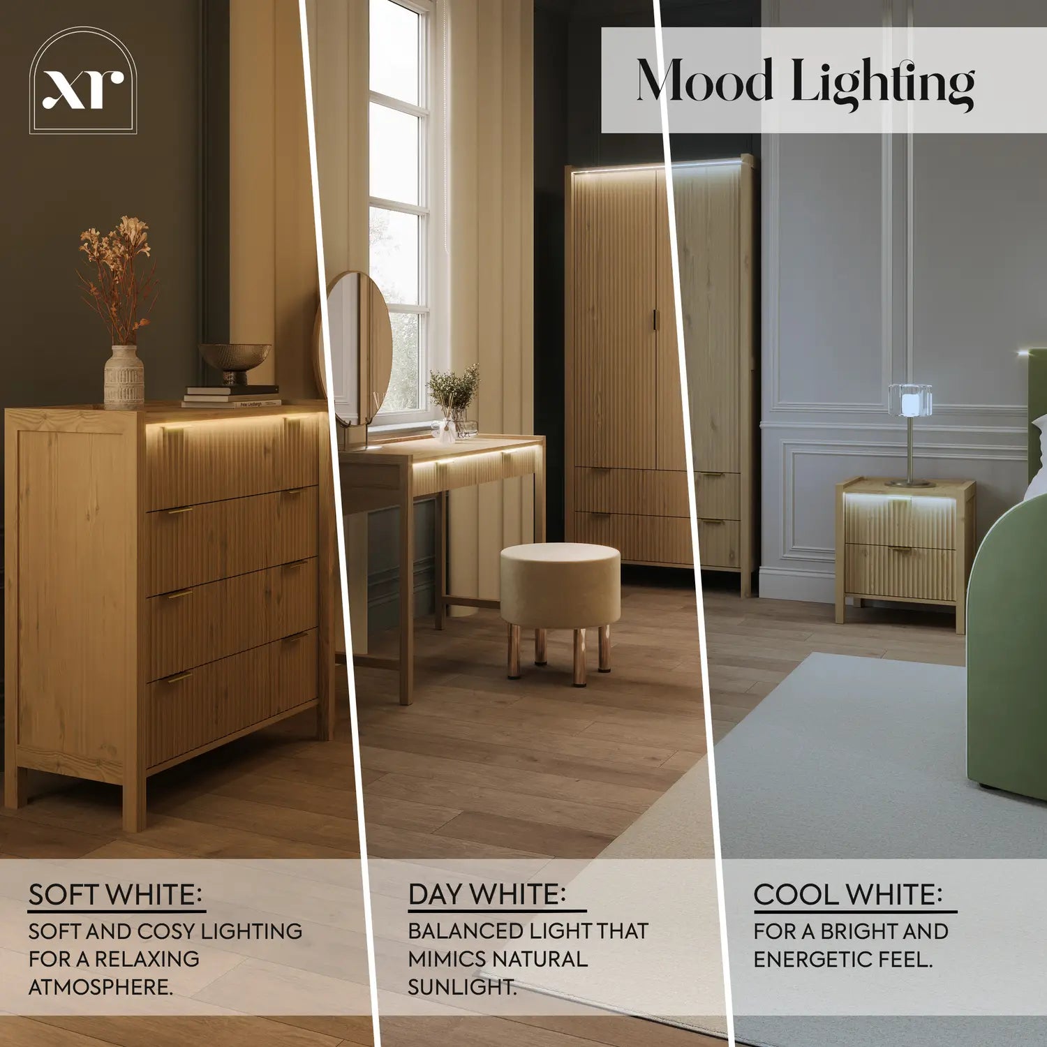 Mood lighting effects on furniture in a room setting with text labels.