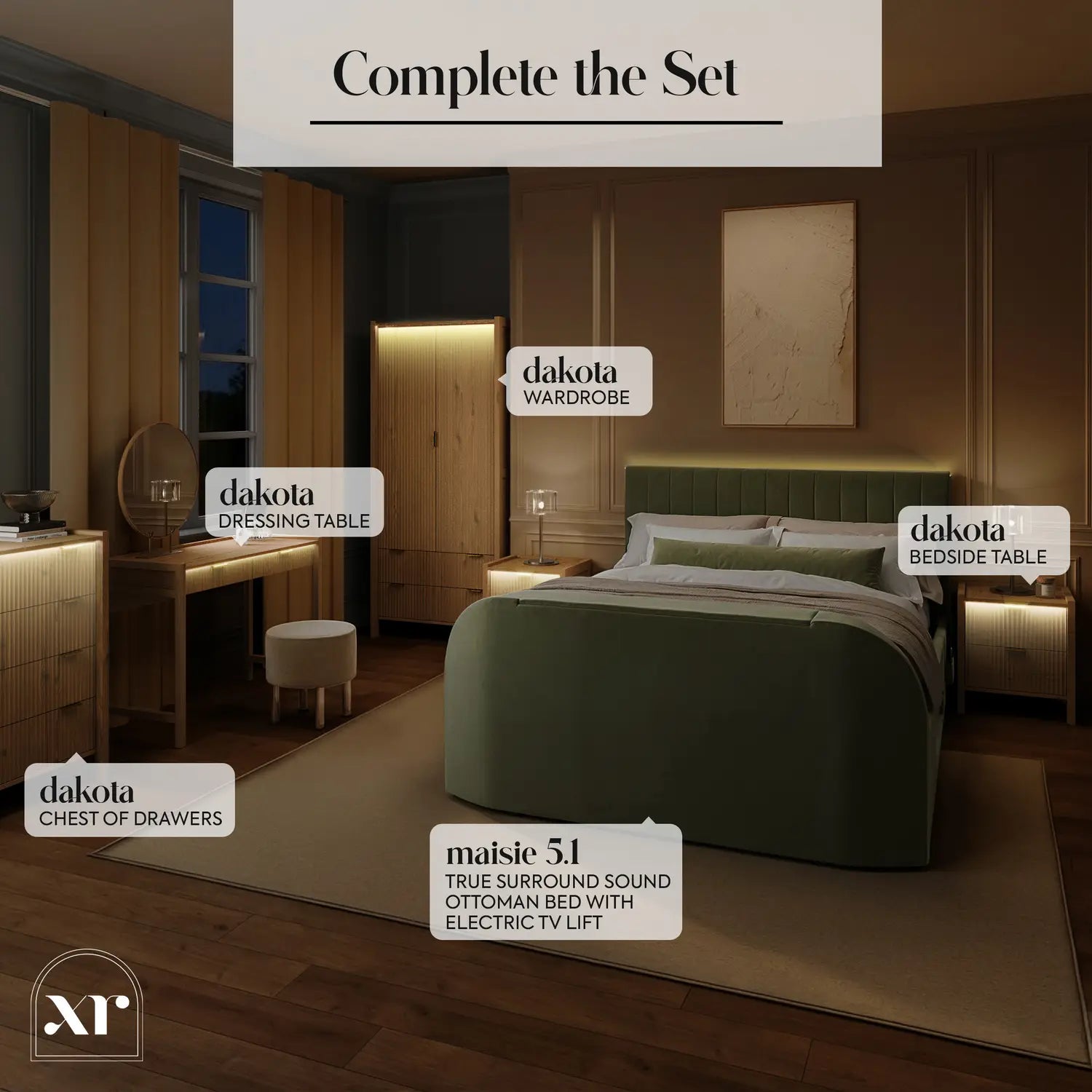 Modern bedroom set with 'dakota' and 'maisie 51' furniture pieces in a dimly lit room.