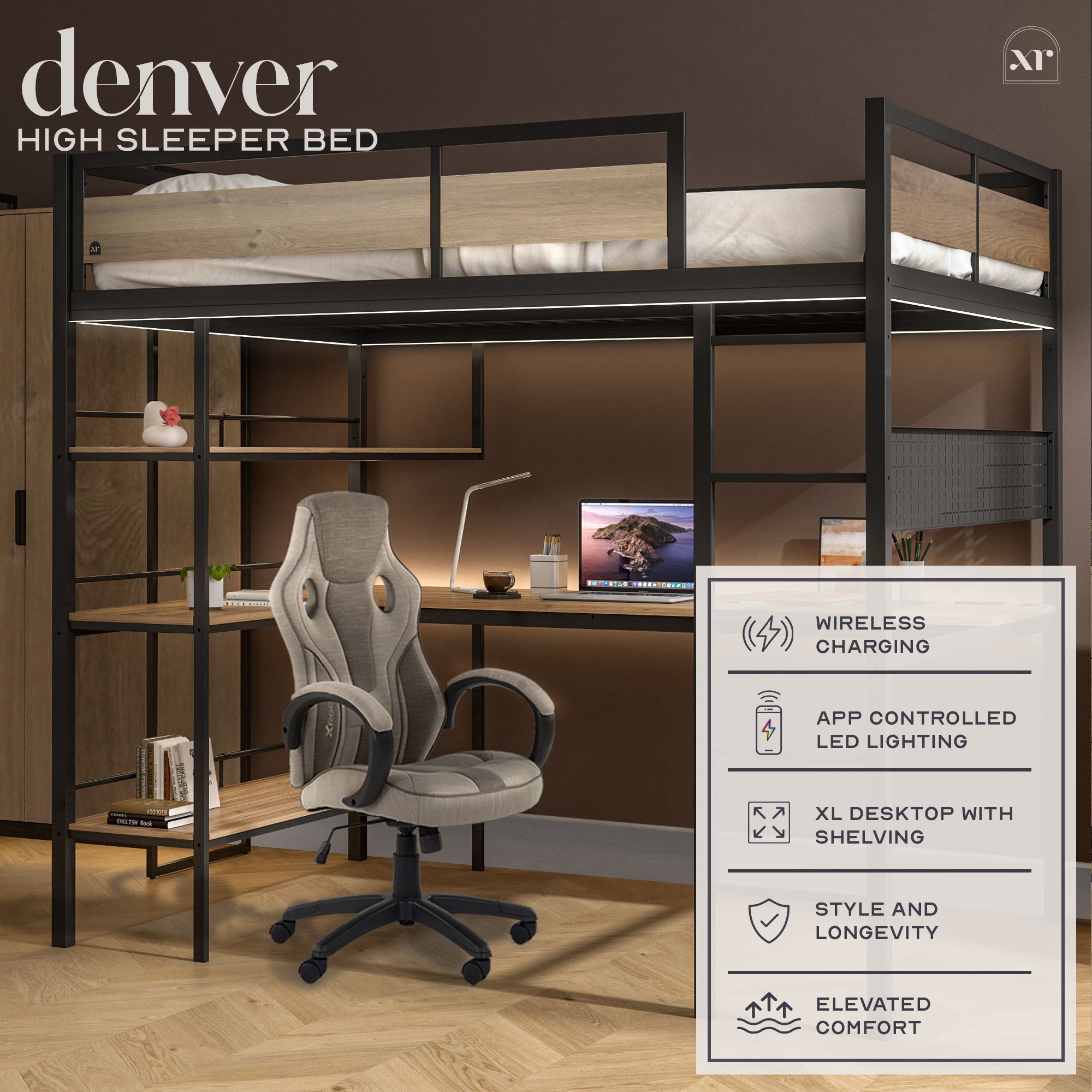 Denver LED High Sleeper Double Bunk Bed with Desk - Oak / Black RGB