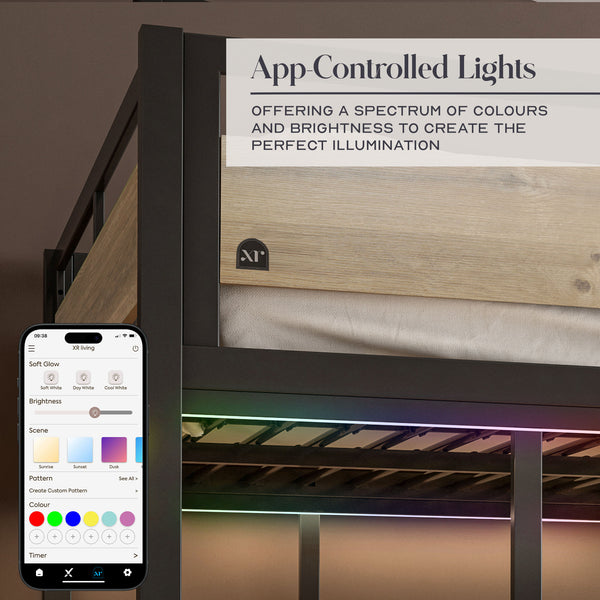 Denver LED High Sleeper Double Bunk Bed with Desk - Oak / Black RGB