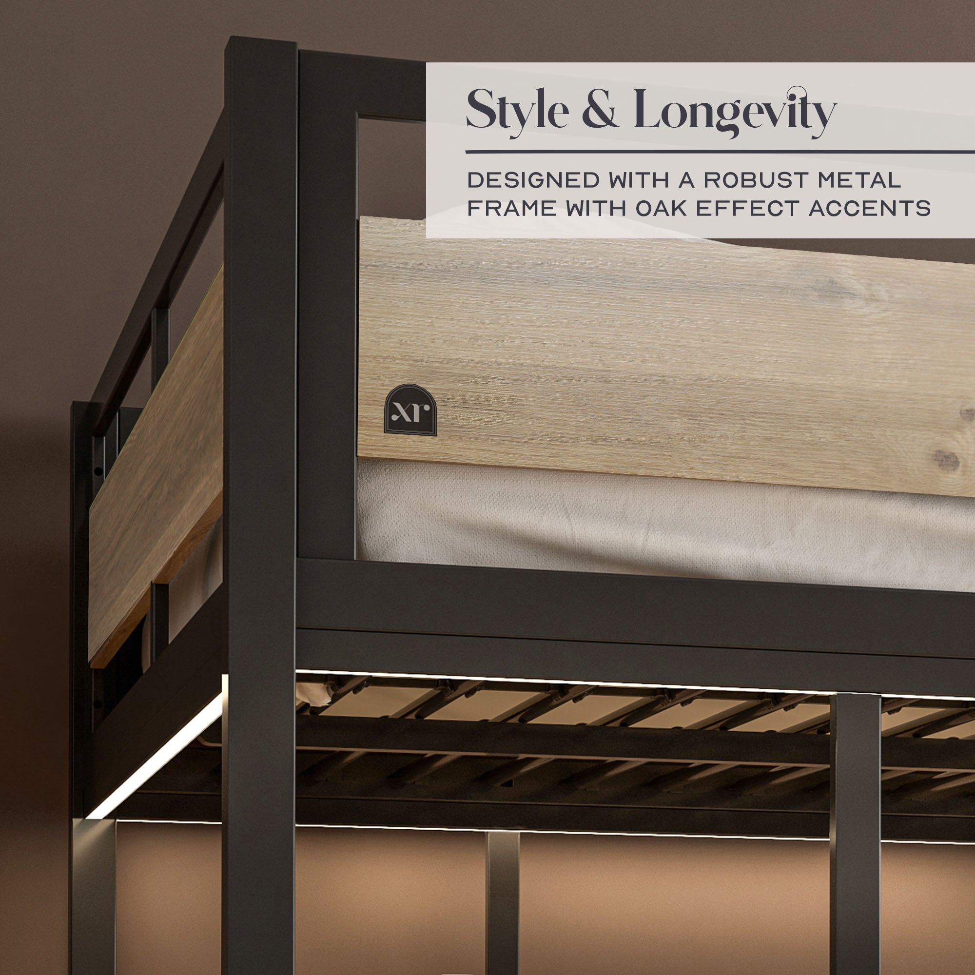 Denver LED High Sleeper Double Bunk Bed with Desk - Oak / Black RGB