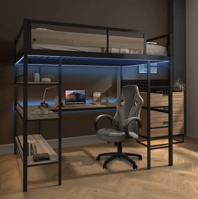 Denver LED High Sleeper Double Bunk Bed with Desk - Oak / Black RGB