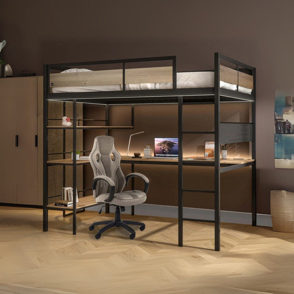Bunk bed with desk and chair in a room setting