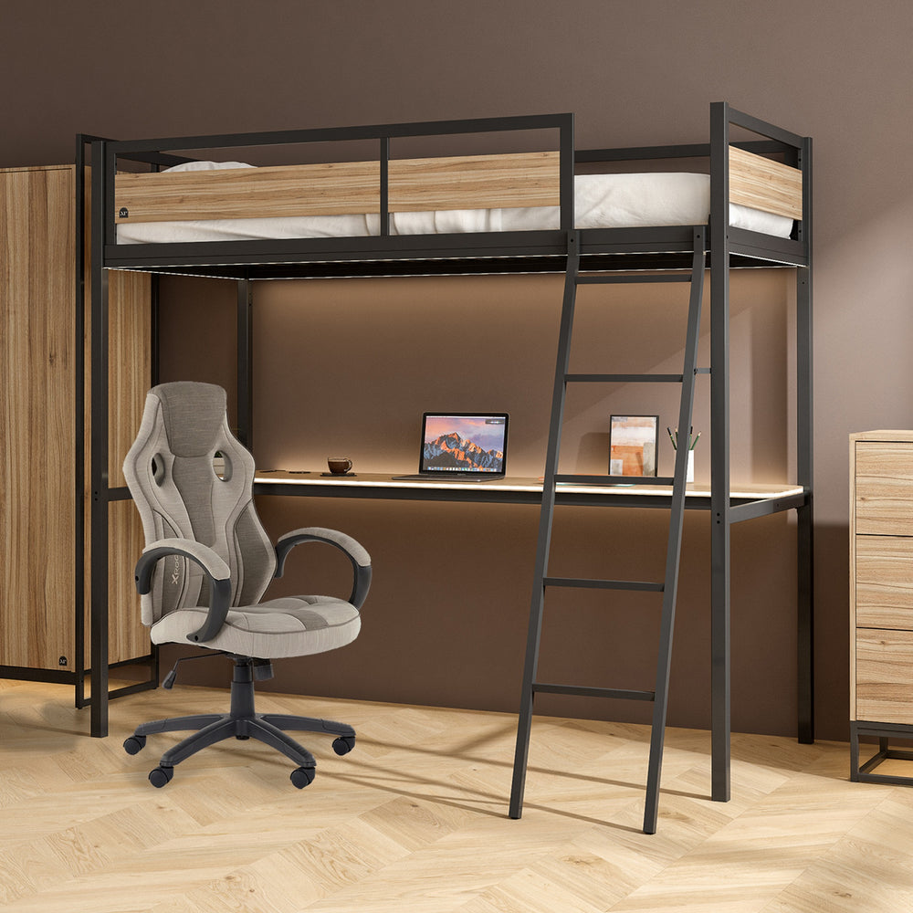 Denver High Sleep - a modern space single high sleeper bed with a sturdy metal frame and warm wood accents