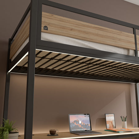 Side view of the denver high sleeper, showcasing its sleek metal and wood design for a stylish and functional bedroom upgrade 