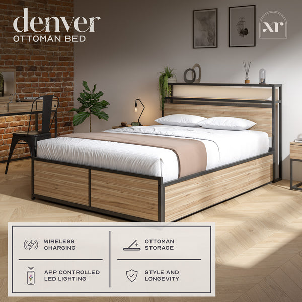 Denver Double Ottoman Bed With App Controlled LED Lighting - Oak/Black