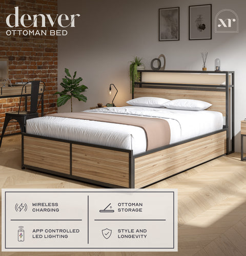 Denver Double Ottoman Bed With App Controlled LED Lighting - Oak/Black