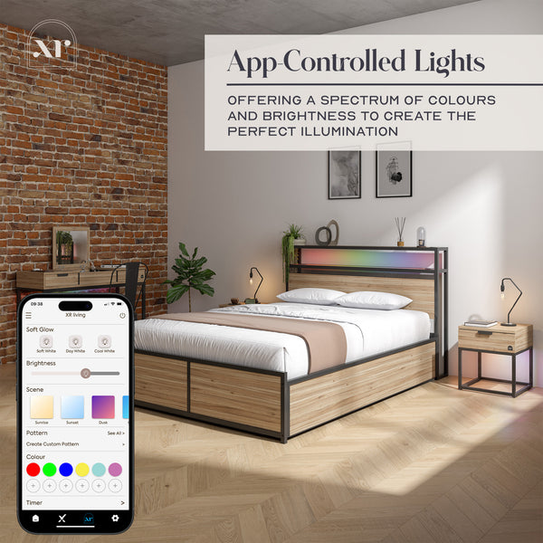 Denver Double Ottoman Bed With App Controlled LED Lighting - Oak/Black