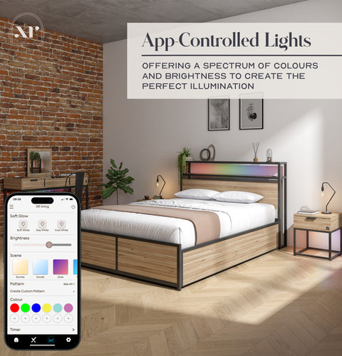 Denver Double Ottoman Bed With App Controlled LED Lighting - Oak/Black