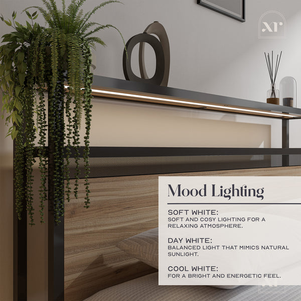 Denver Double Ottoman Bed With App Controlled LED Lighting - Oak/Black