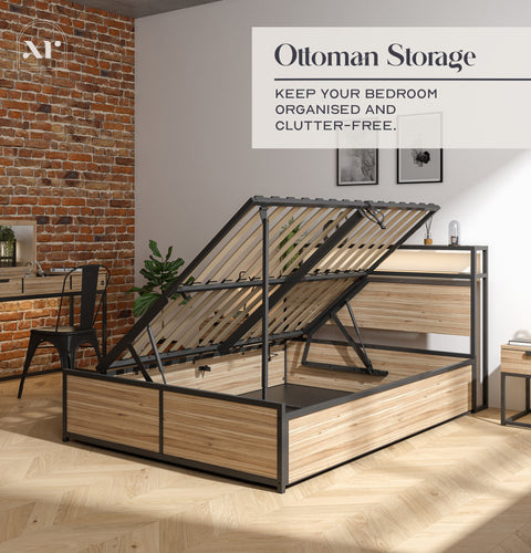 Denver Double Ottoman Bed With App Controlled LED Lighting - Oak/Black