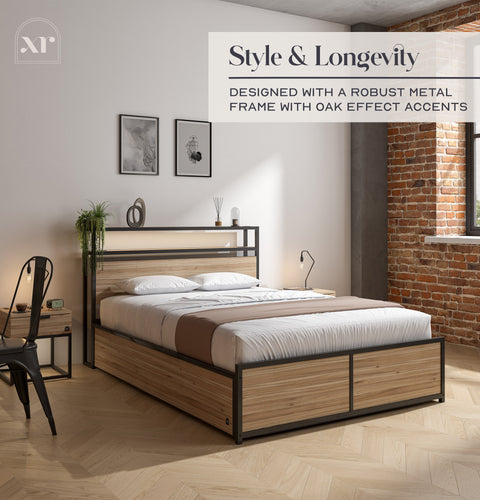 Denver Double Ottoman Bed With App Controlled LED Lighting - Oak/Black