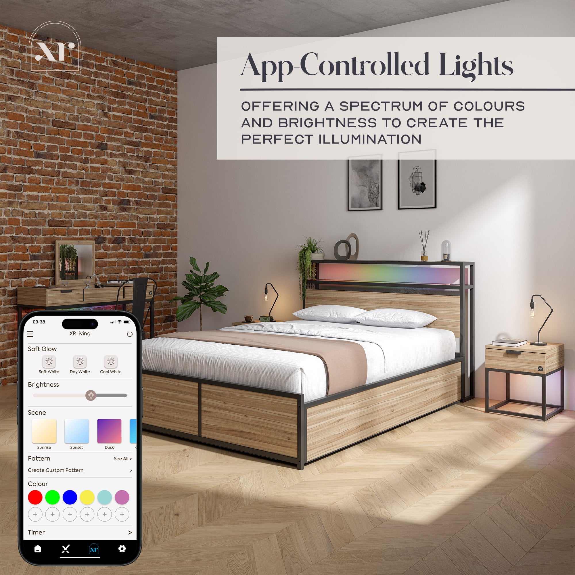 Denver King Ottoman Bed With App Controlled LED Lighting - Oak/Black