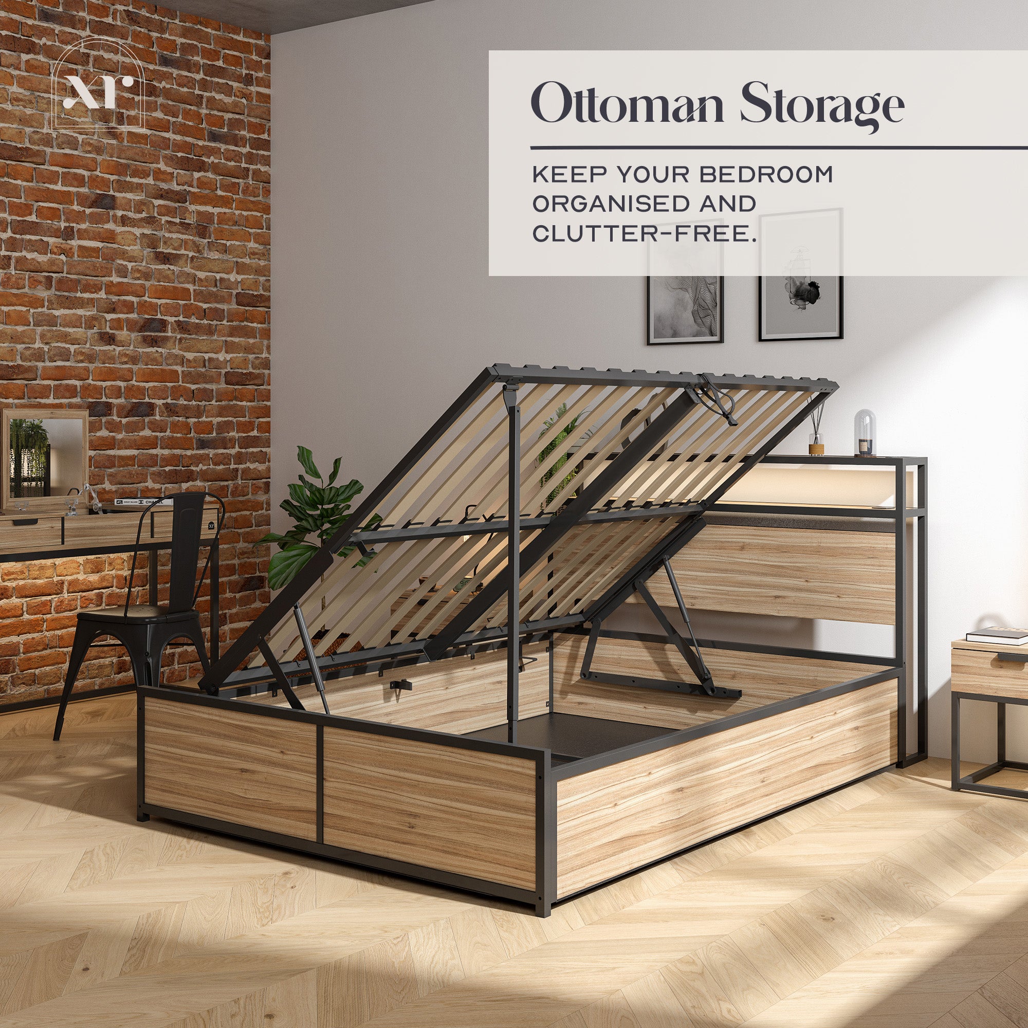 Denver King Ottoman Bed With App Controlled LED Lighting - Oak/Black