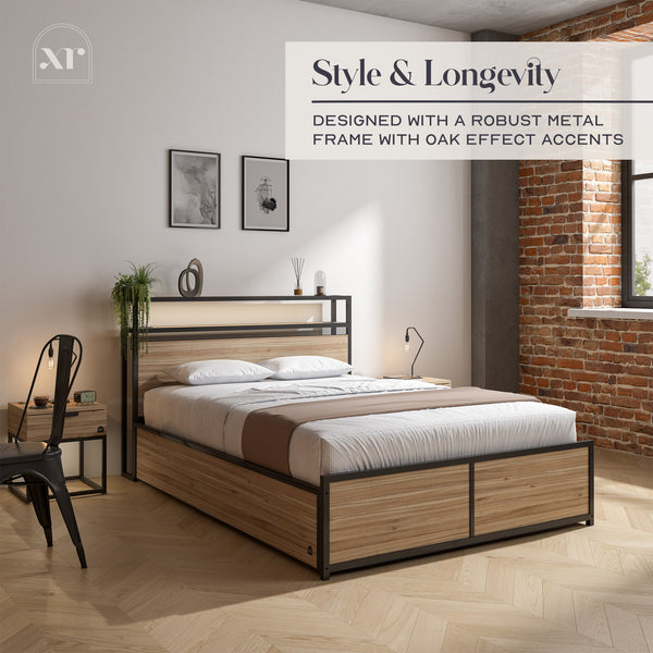 Denver King Ottoman Bed With App Controlled LED Lighting - Oak/Black