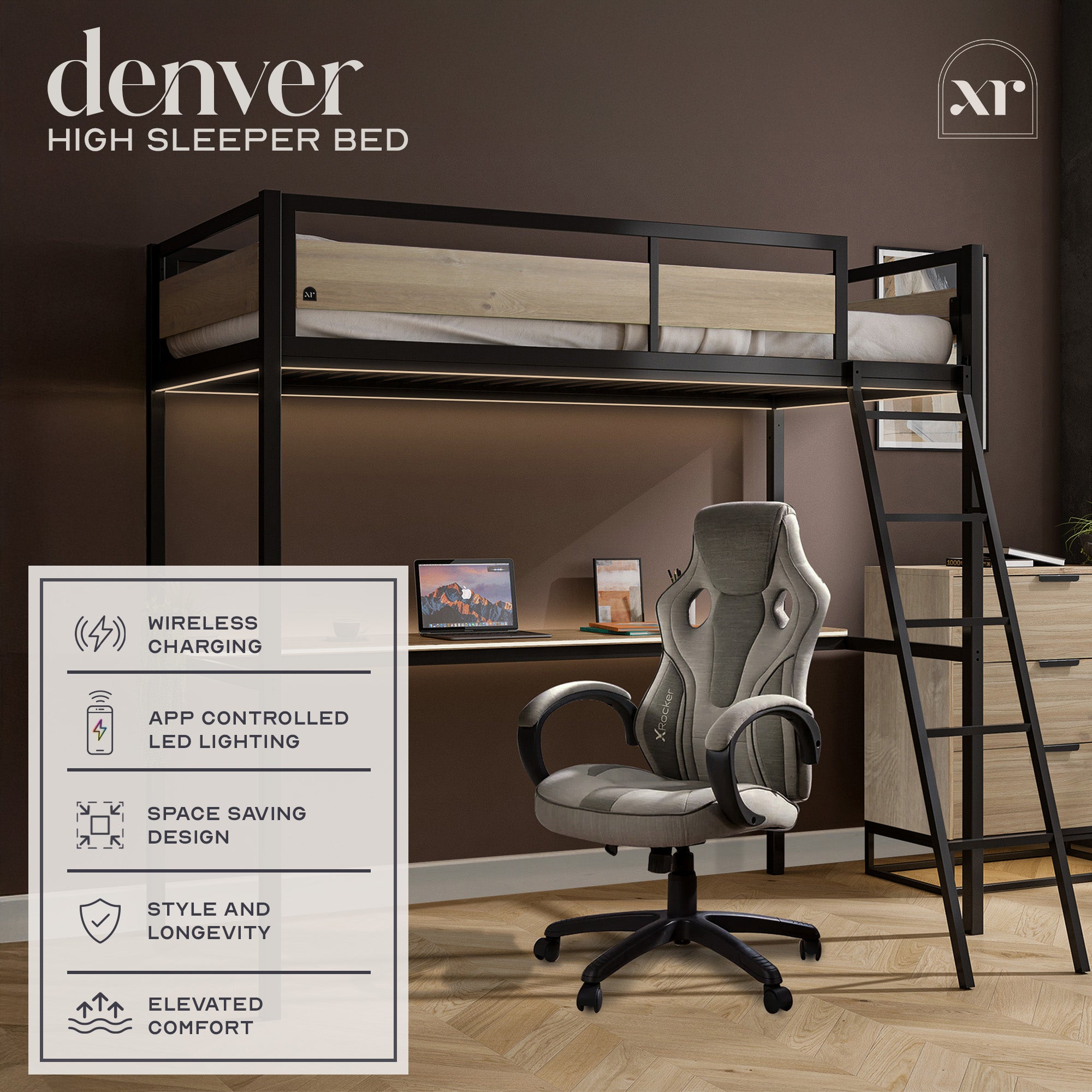 Denver LED High Sleeper Single Bunk Bed with Desk - Oak / Black RGB