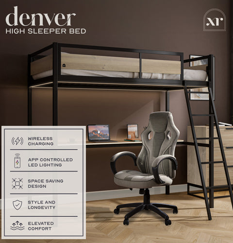 Denver LED High Sleeper Single Bunk Bed with Desk - Oak / Black RGB