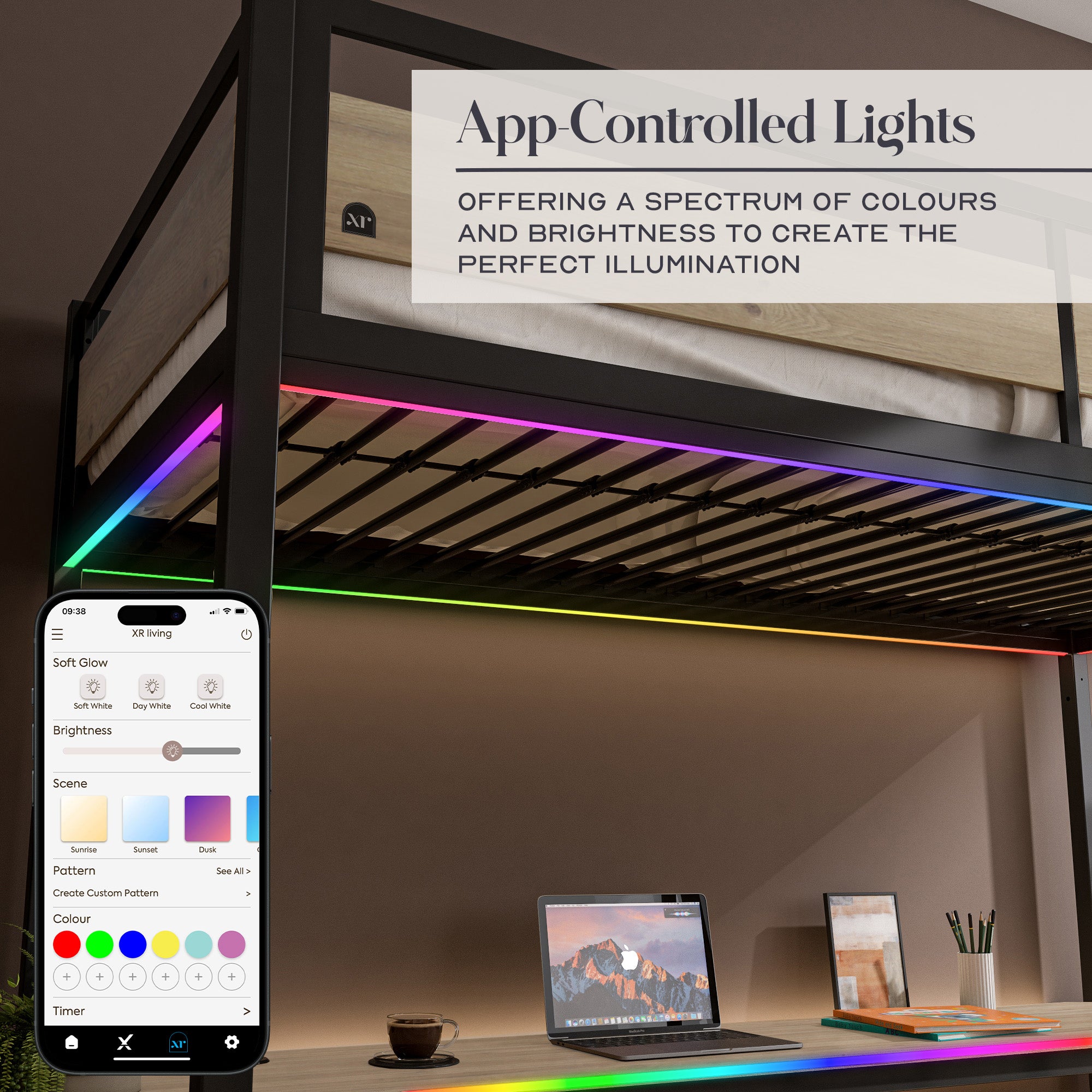 Denver LED High Sleeper Single Bunk Bed with Desk - Oak / Black RGB