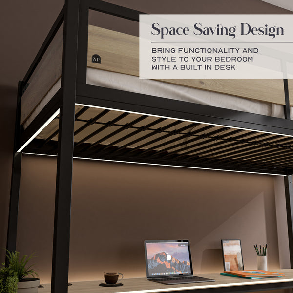 Denver LED High Sleeper Single Bunk Bed with Desk - Oak / Black RGB