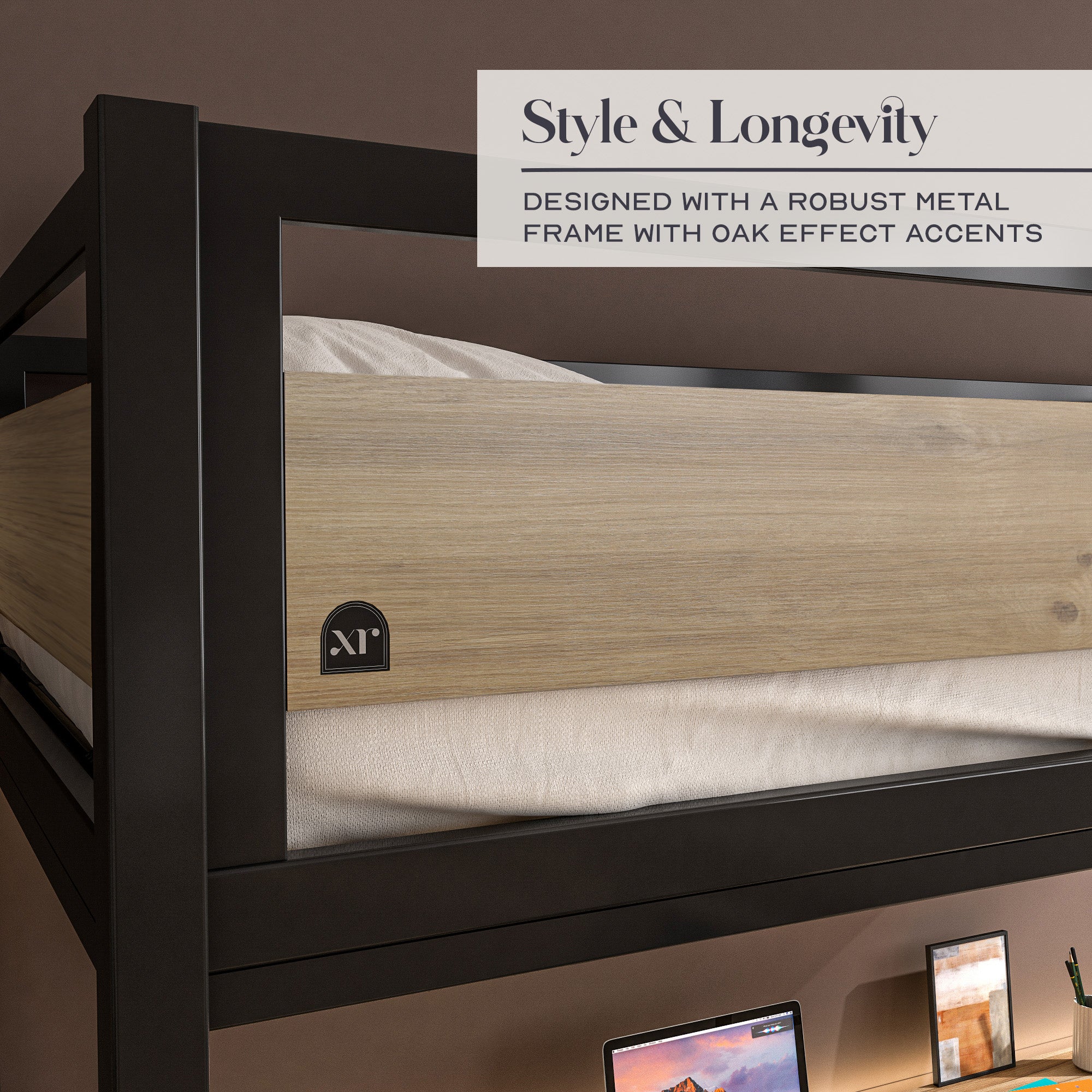 Denver LED High Sleeper Single Bunk Bed with Desk - Oak / Black RGB