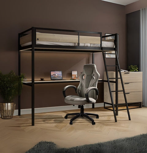 Bunk bed with desk and chair in a room setting