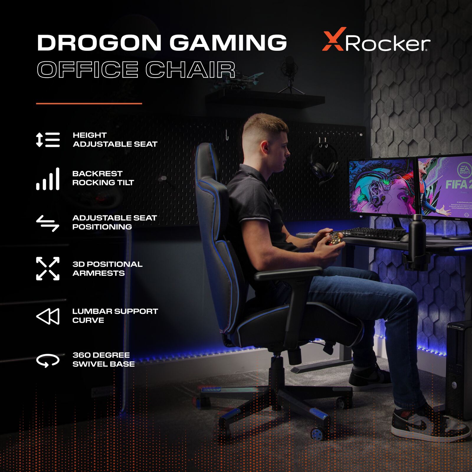 Drogon Ergonomic PC Office Gaming Chair - Black / Blue