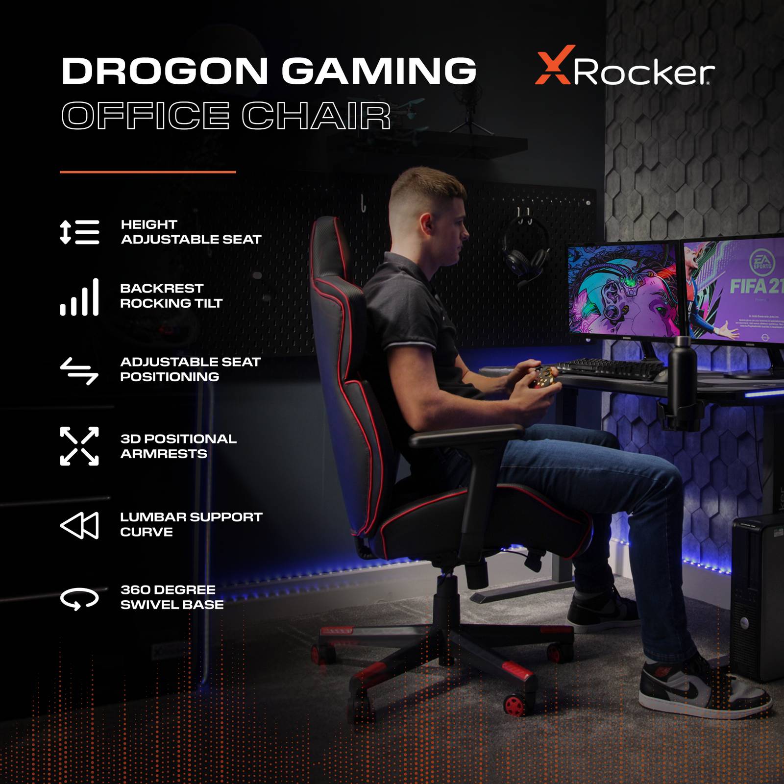 Drogon Ergonomic PC Office Gaming Chair - Black / Red