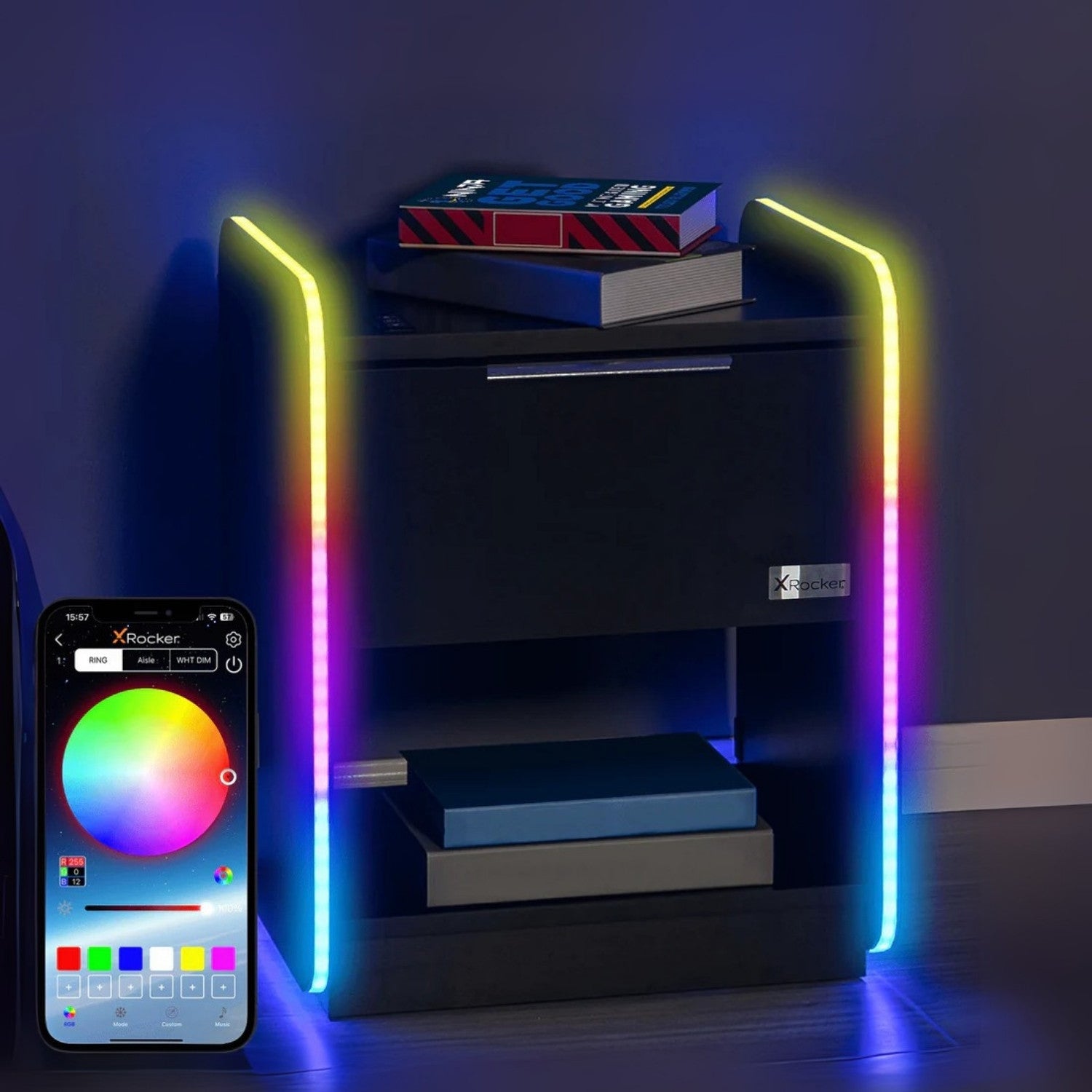 Smart phone app controlling RGB lighting on a shelf with colorful lights.