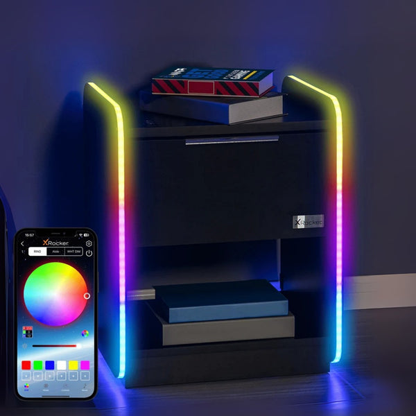 Smart phone app controlling RGB lighting on a shelf with colorful lights.