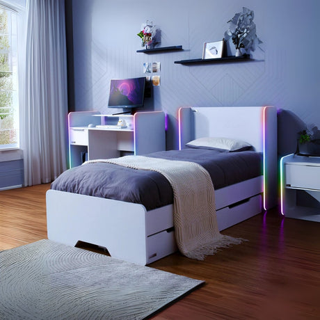 Modern bedroom with a bed, desk, and shelves in a well-lit room.