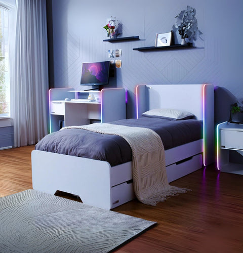 Modern bedroom with a bed, desk, and shelves in a well-lit room.