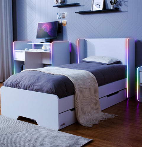 Electra LED Single Gaming Bed with Drawers - White RGB